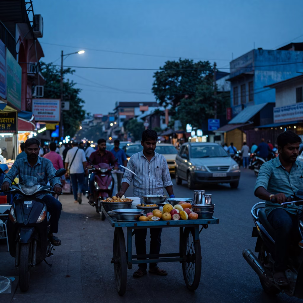 Busy Hyderabad Street Scene in Indigo Twilight with Food Vendor and Scooters in in Hyderabad, India