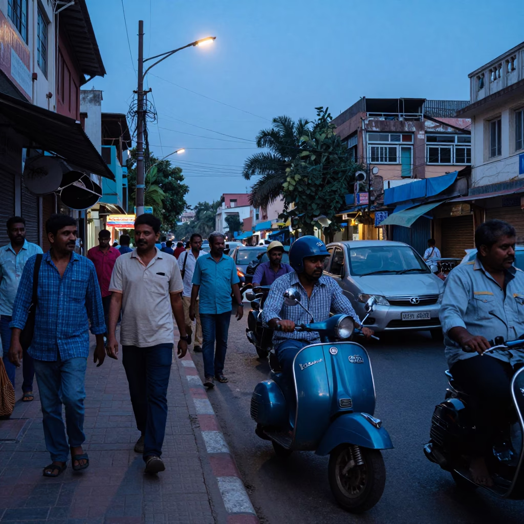 Busy Hyderabad Street Scene in Indigo Twilight with Vintage Scooter and Brick Architecture in in Hyderabad, India