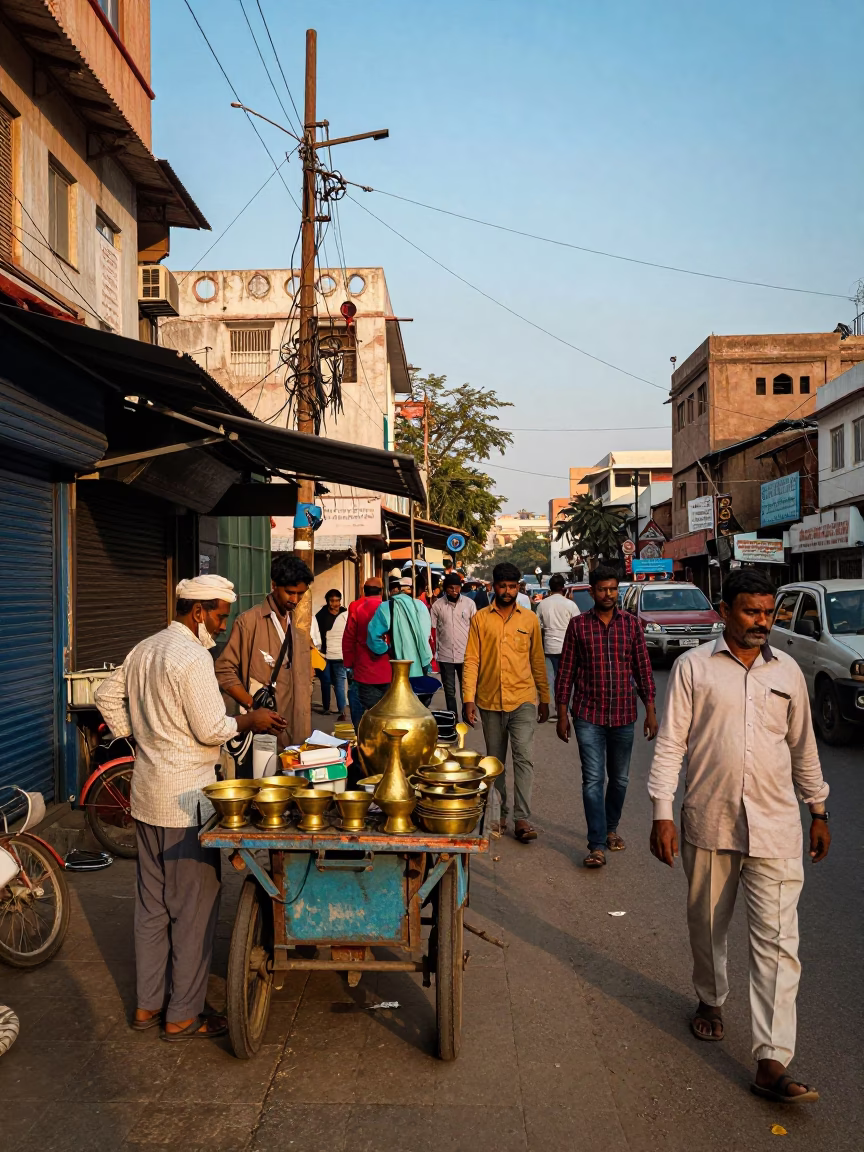 Busy Hyderabad Street Scene in Late Afternoon Light with Local Commerce and Daily Life in in Hyderabad, India