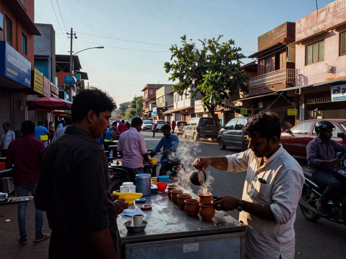 Busy Hyderabad Street Scene in Late Afternoon Light with Local Market Details in in Hyderabad, India