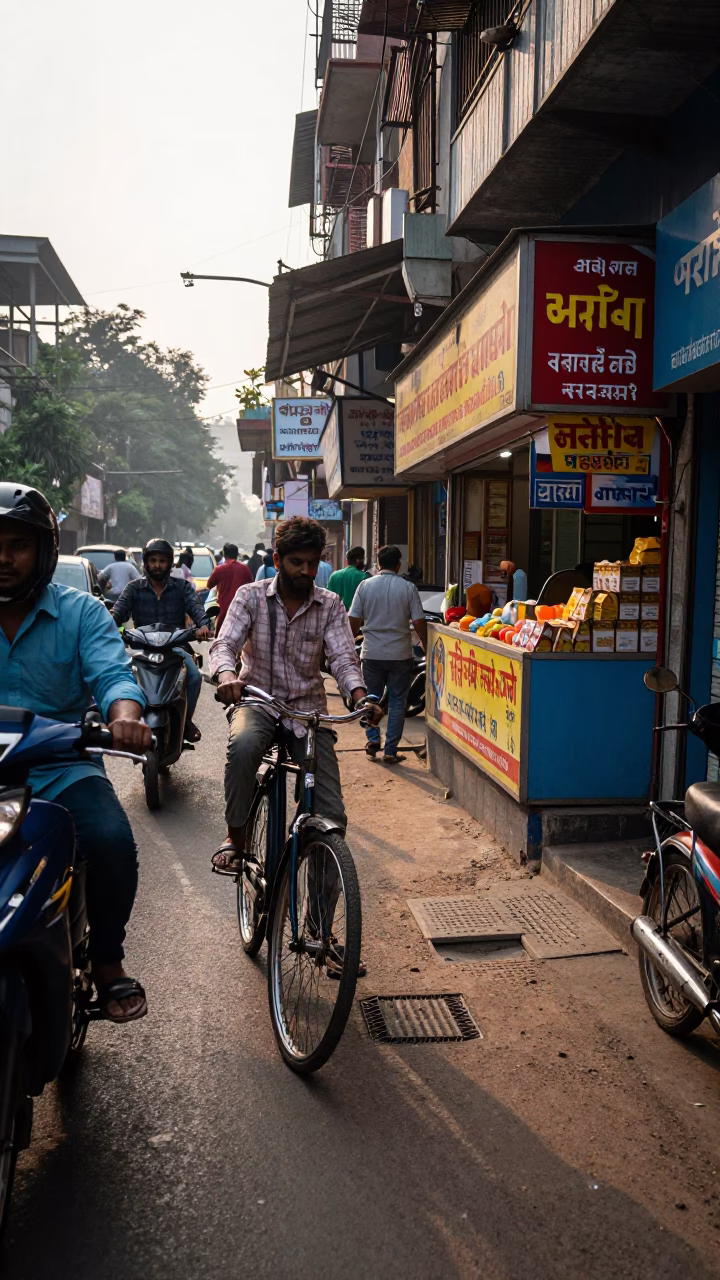 Busy Hyderabad Street Scene Just After Sunrise with Bicycle and Bakery in in Hyderabad, India