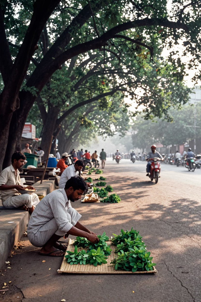 Busy Hyderabad Street Scene Just After Sunrise with Mint Leaves and Local Commerce in in Hyderabad, India