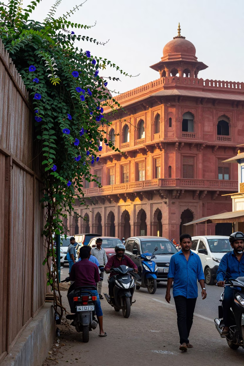 Busy Hyderabad Street Scene Just After Sunrise with Morning Glory Vine and Local Commerce in in Hyderabad, India