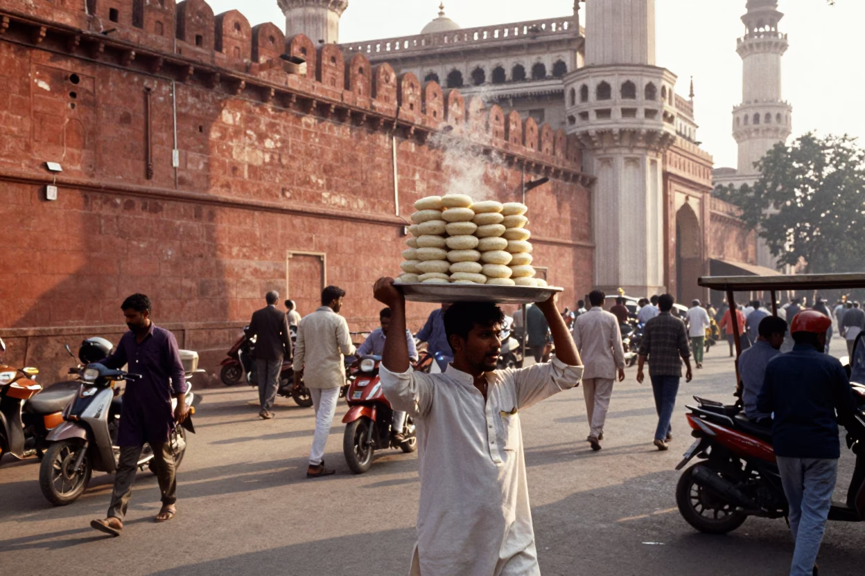 Busy Hyderabad Street Scene Just After Sunrise with Vintage 1960s Aesthetic in in Hyderabad, India