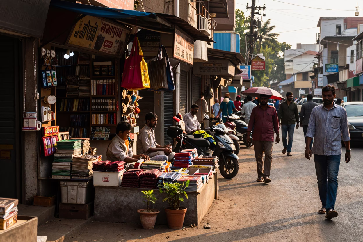 Busy Hyderabad street scene late afternoon with shop goods and local commerce in in Hyderabad, India