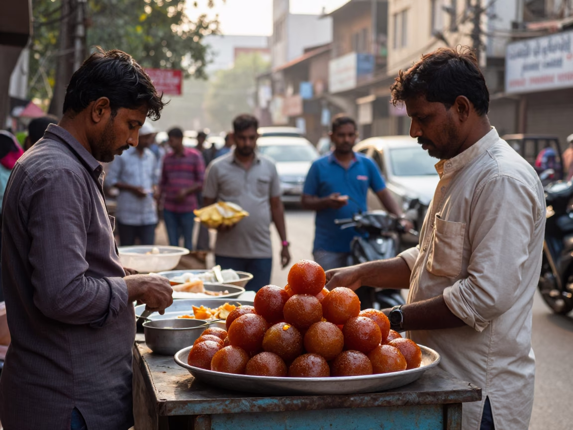 Busy Hyderabad Street Scene Late Morning with Food and Local Activity in in Hyderabad, India