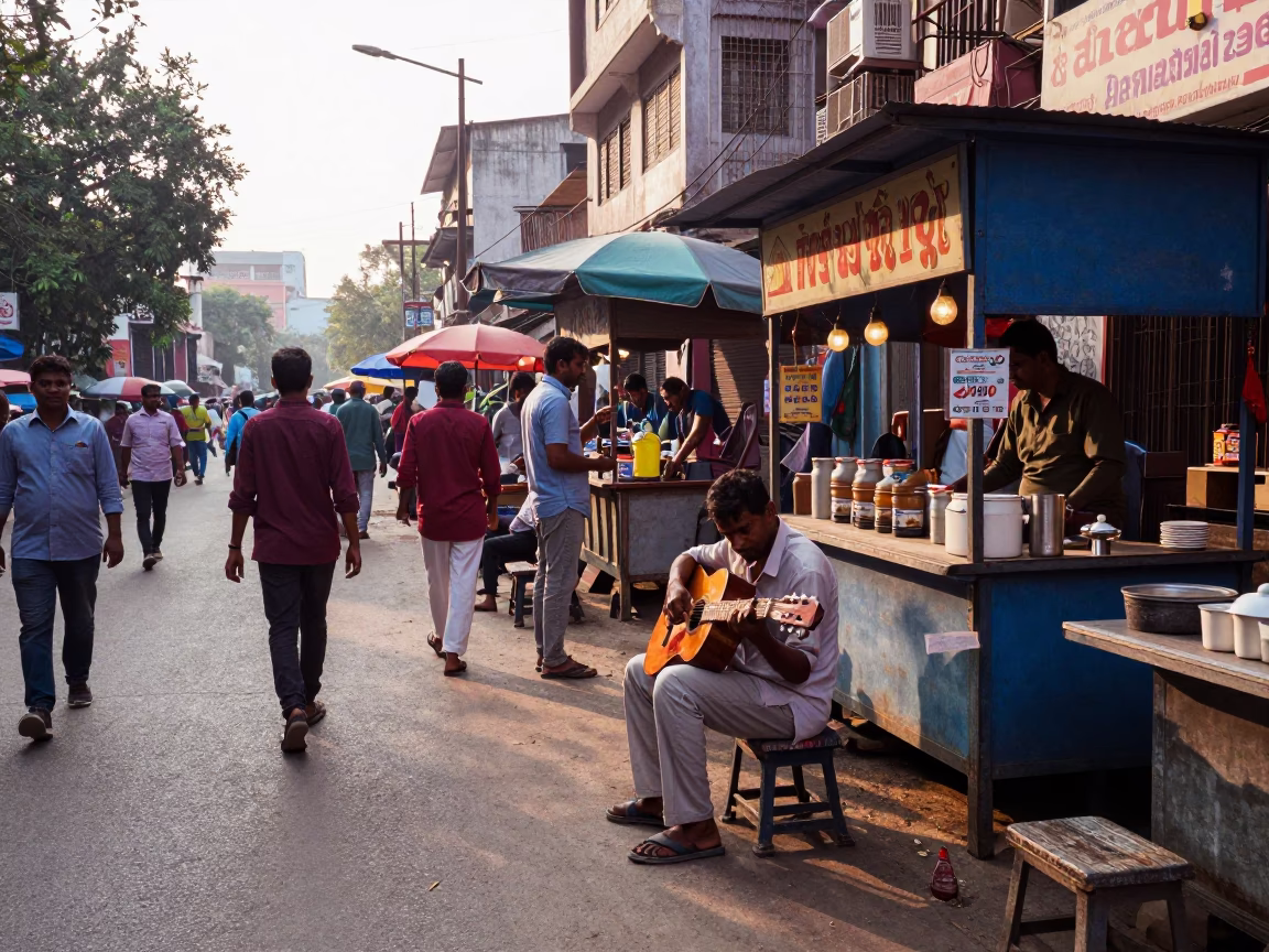 Busy Hyderabad Street Scene Late Morning with Guitar and Local Commerce in in Hyderabad, India