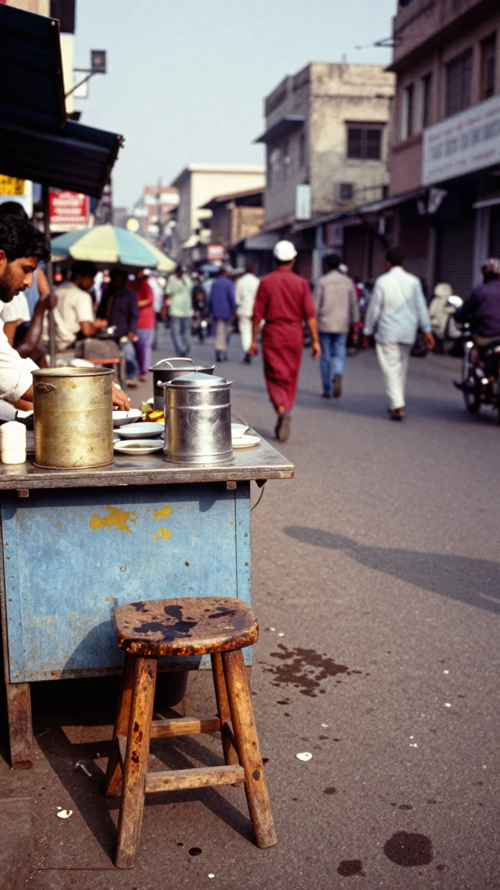 Busy Hyderabad Street Scene Late Morning with Tea Stains and Local Life in in Hyderabad, India