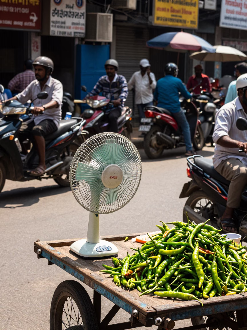 Busy Hyderabad Street Scene Midday with Table Fan and Local Life in in Hyderabad, India