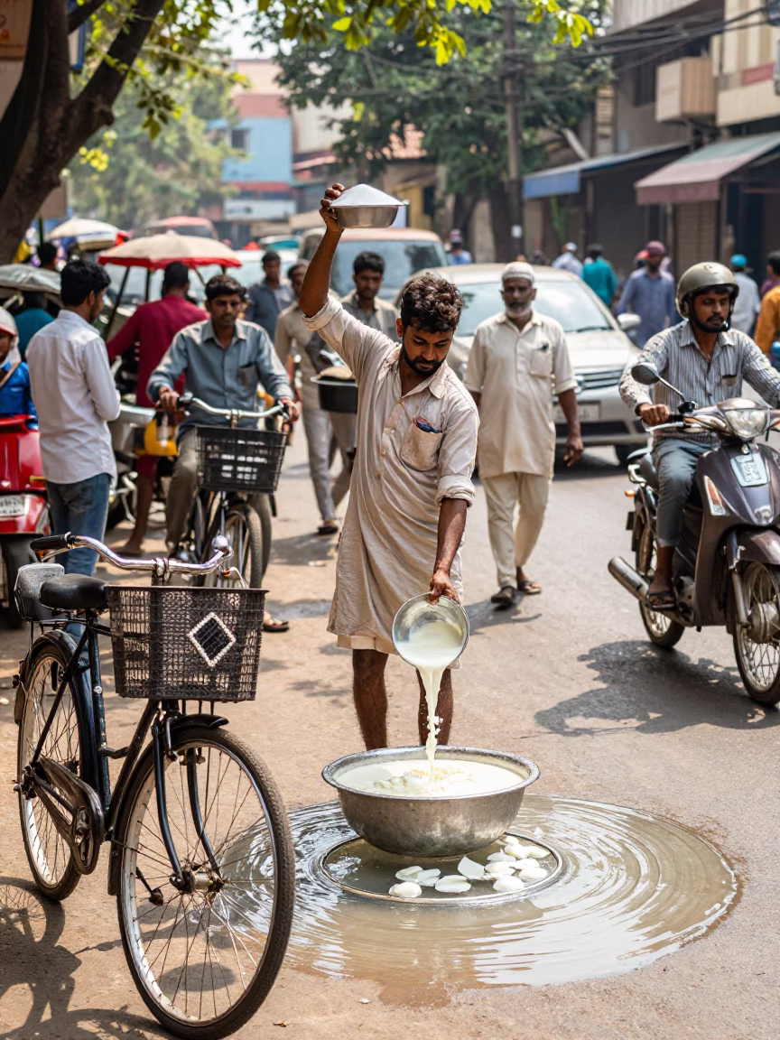Busy Hyderabad Street Scene Midmorning with Bicycle Basket and Water Rings on Basin in in Hyderabad, India