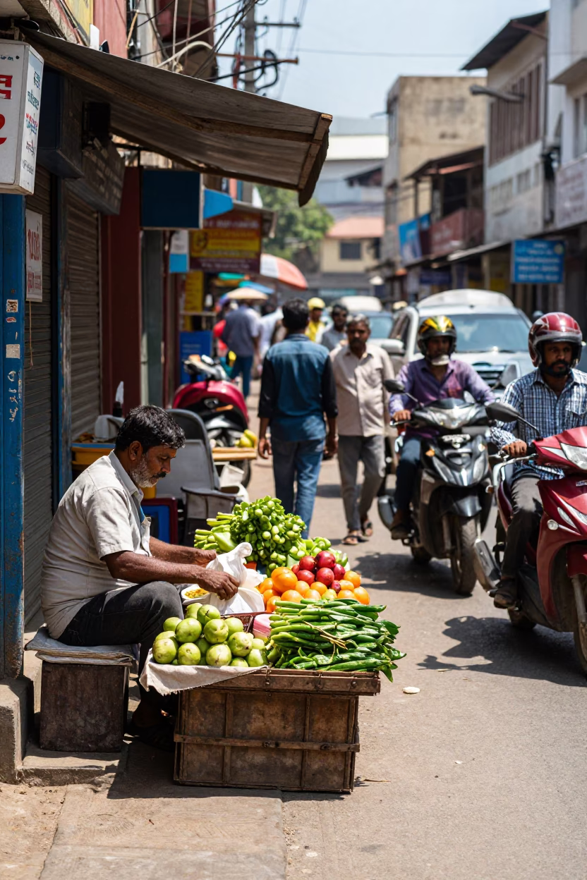 Busy Hyderabad Street Scene Under Flat Noon Glare With Ceramic Tiles And Iron Deadbolt in in Hyderabad, India