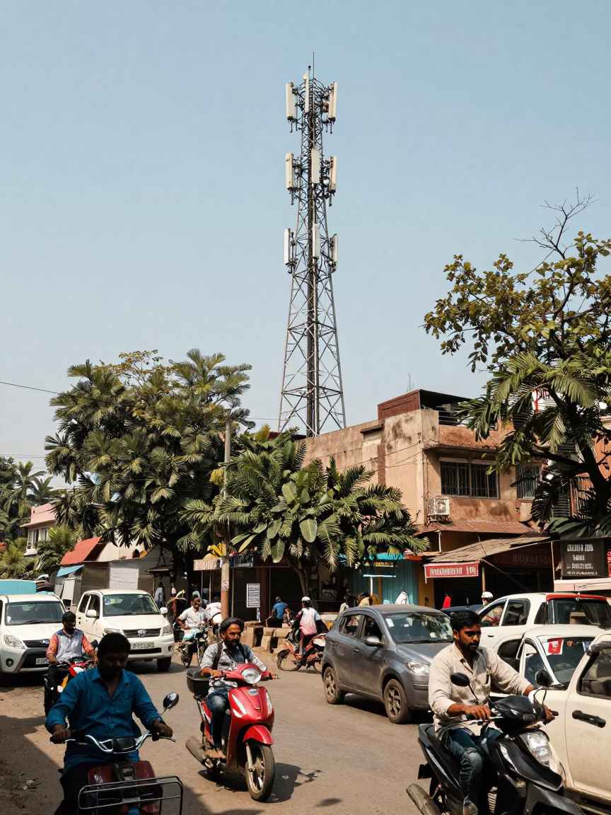Busy Hyderabad Street Scene Under Flat Noon Light with Telecommunication Mast and Local Traffic in in Hyderabad, India
