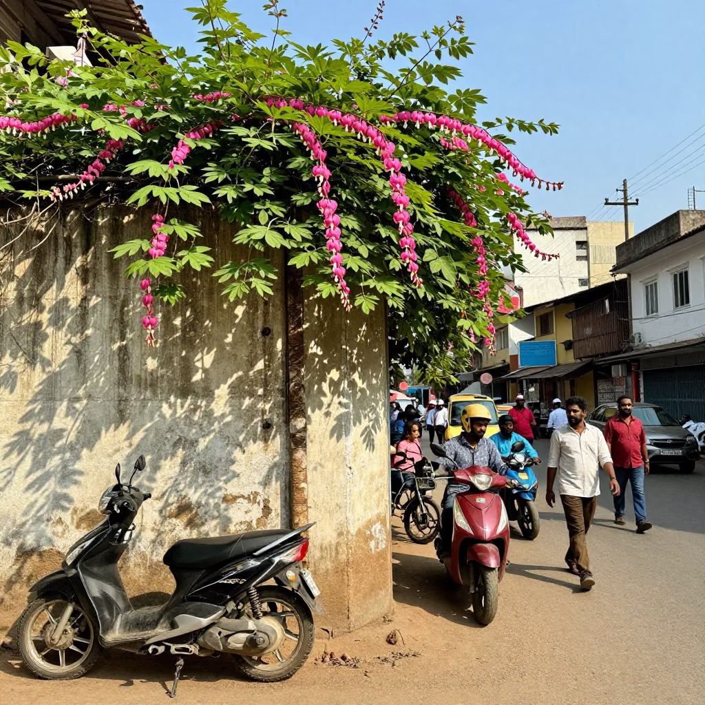 Busy Hyderabad Street Scene with Bleeding Heart Vine in Bright Midmorning Light in in Hyderabad, India