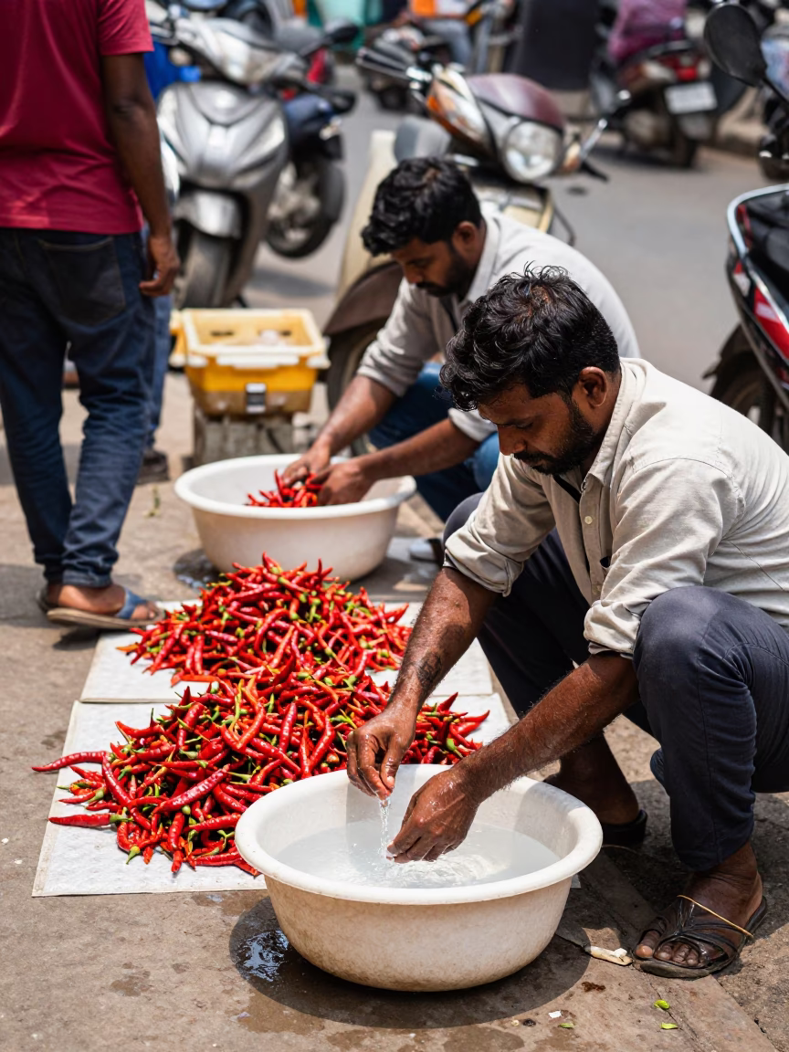 Busy Hyderabad Street Scene with Chili Peppers and Wash Basin at Midday in in Hyderabad, India