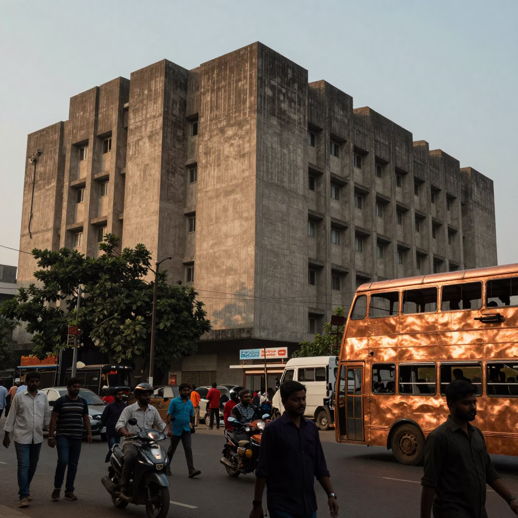 Busy Hyderabad Street Scene with Concrete Building and Copper Toned Dusk Light in in Hyderabad, India
