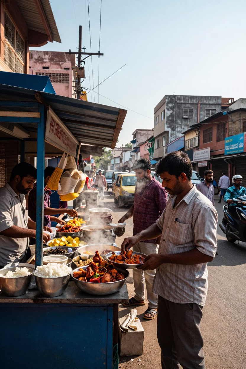 Busy Hyderabad Street Scene with Local Food Stall and Traditional Architecture in in Hyderabad, India
