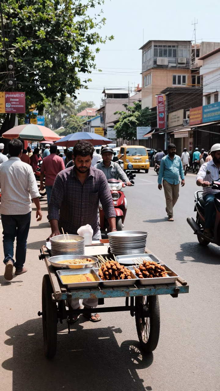 Busy Hyderabad Street Scene with Local Vendors and Pedestrians in Bright Midmorning Light in in Hyderabad, India