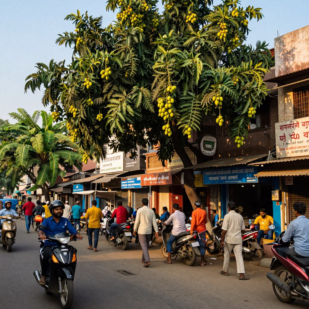 Busy Hyderabad Street Scene with Mango Tree and Banyan Roots in in Hyderabad, India