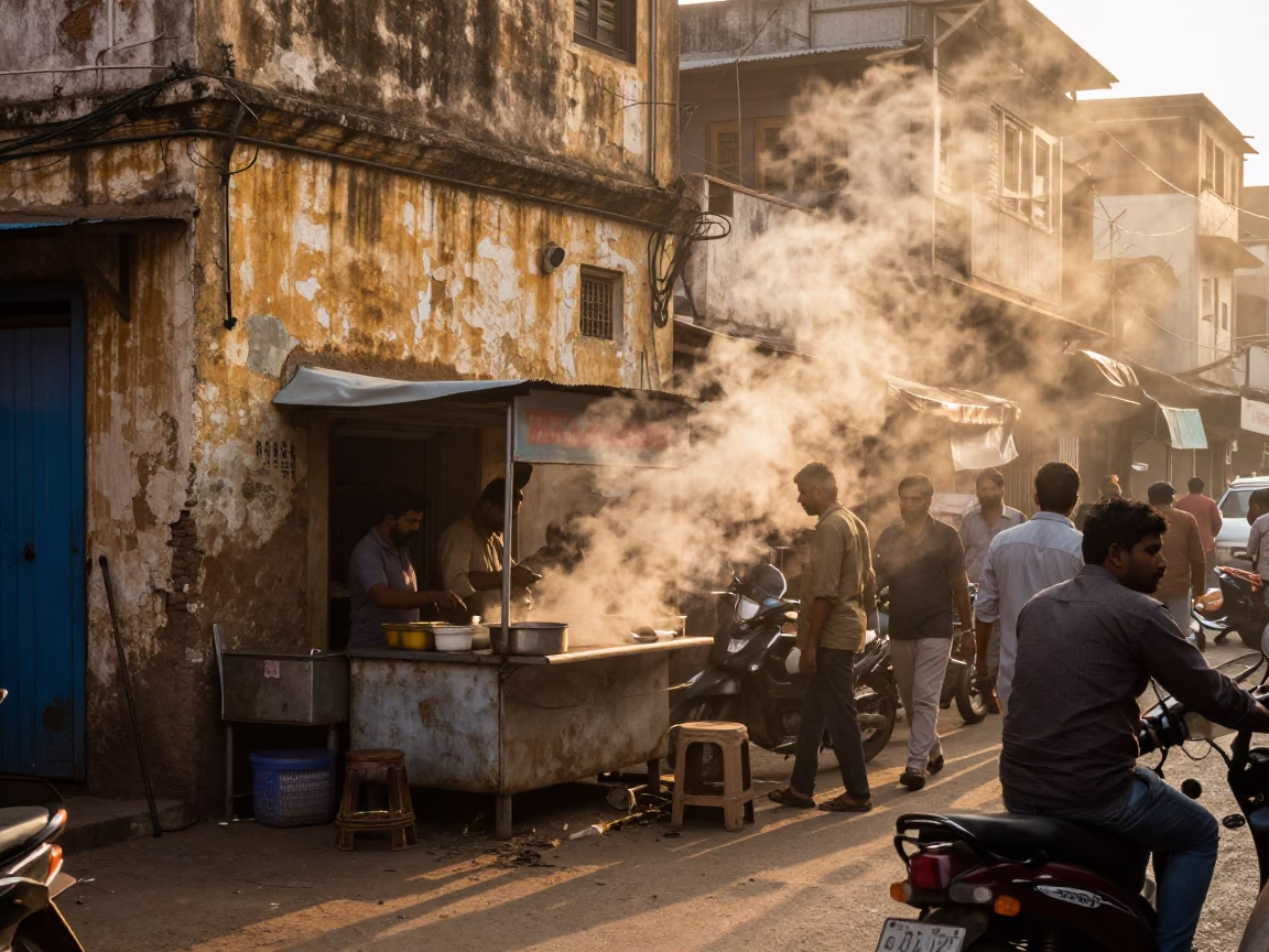 Busy Hyderabad Street Scene with Steam Haze and Rusted Turnbuckle in Honeyed Evening Light in in Hyderabad, India