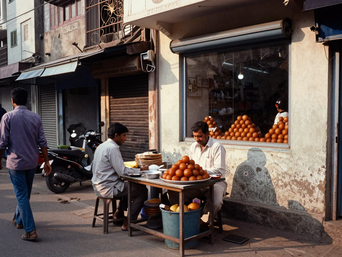 Busy Hyderabad Street Scene with Vendor and Shop Window Reflections in Early Afternoon Light in in Hyderabad, India