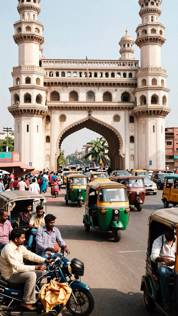 Busy Hyderabad Street Scene with Vendors and Commuters in Bright Midmorning Light in in Hyderabad, India