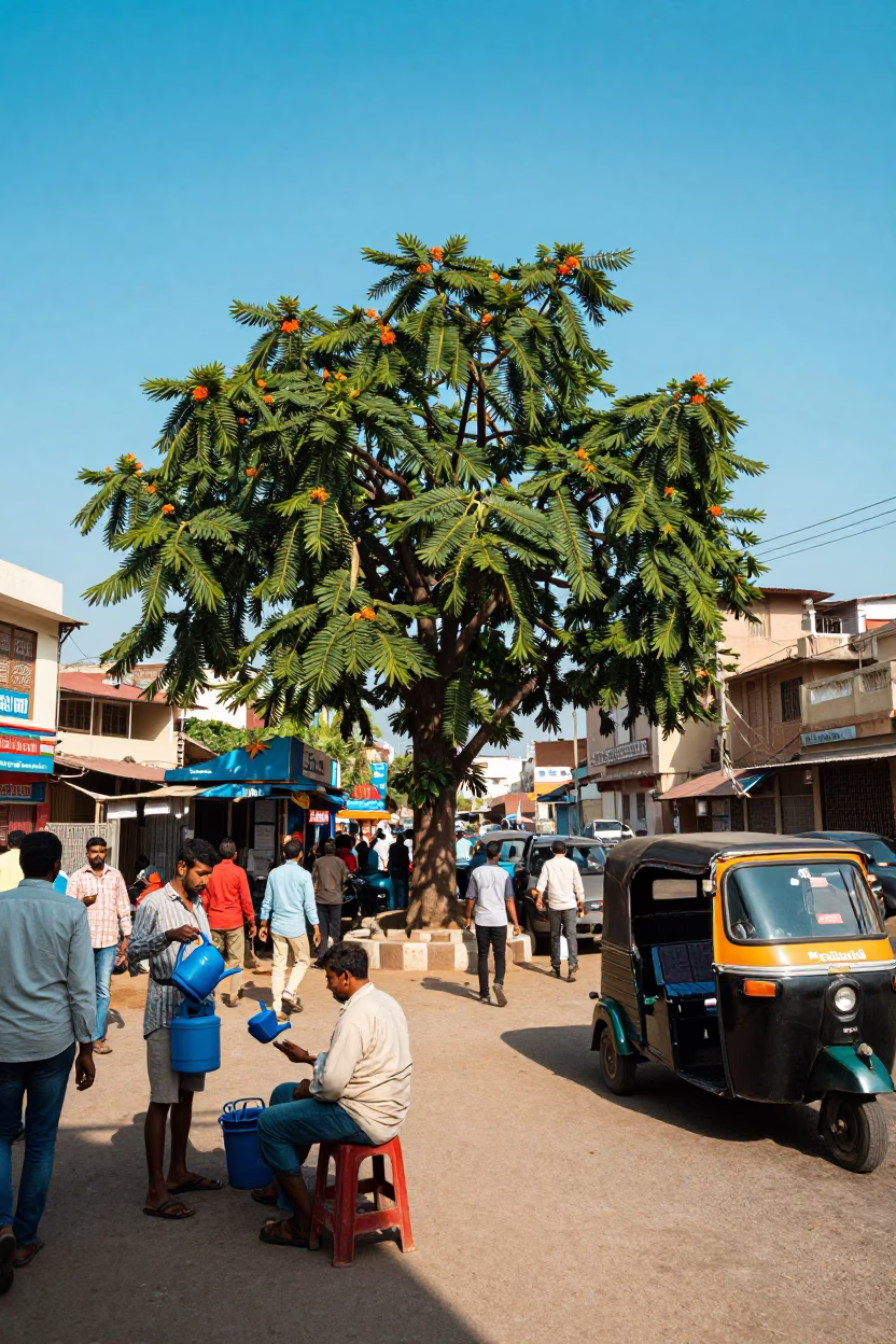 Busy Hyderabad Street Scene with Watering Jug and Blue Sky in in Hyderabad, India