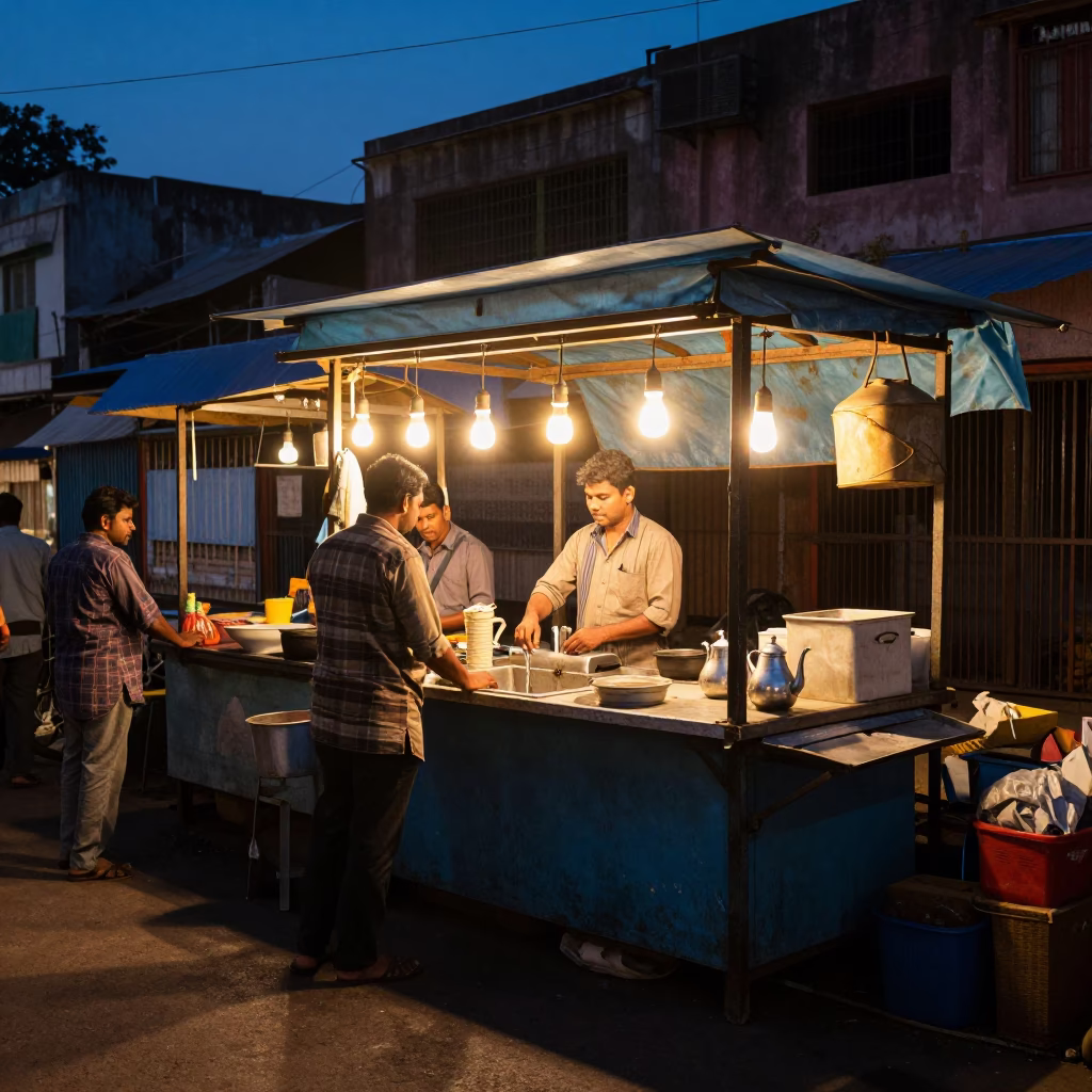 Busy Hyderabad Street Stall at Blue Hour with Wash Basin and Teapot in in Hyderabad, India