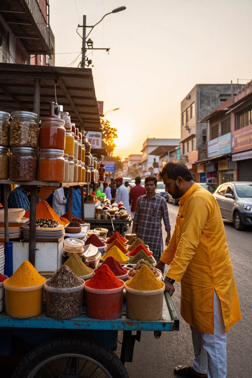 Busy Hyderabad Street Stall at Sunset with Spice Jars and Local Commerce in in Hyderabad, India