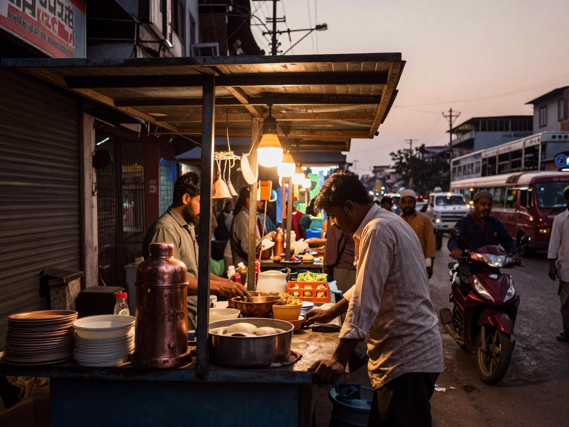 Busy Hyderabad Street Stall Before Dusk with Steamship Thermos and Mops in in Hyderabad, India
