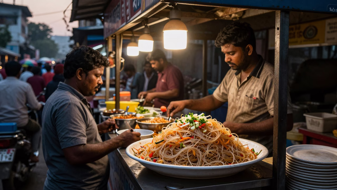 Busy Hyderabad Street Stall Dawn Service with Glass Noodles and Apricots in in Hyderabad, India