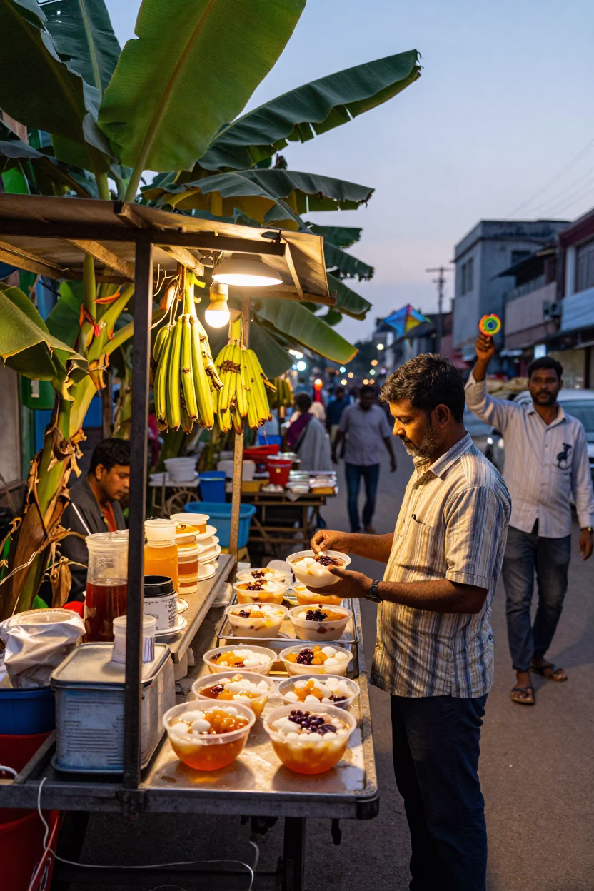 Busy Hyderabad Street Stall Evening with Taho Bowl and Banana Plantation in in Hyderabad, India