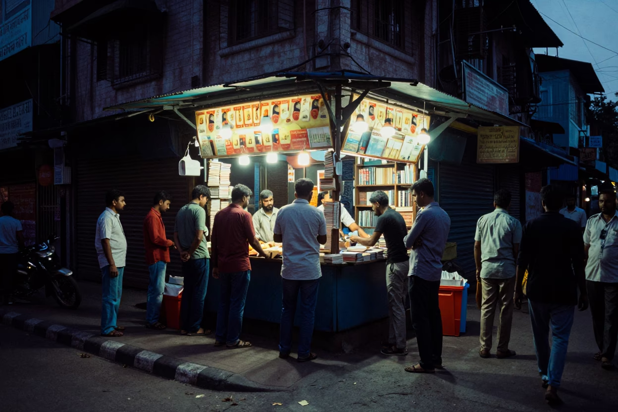 Busy Hyderabad Street Stall in Predawn Darkness with Paperbacks and Basket in in Hyderabad, India
