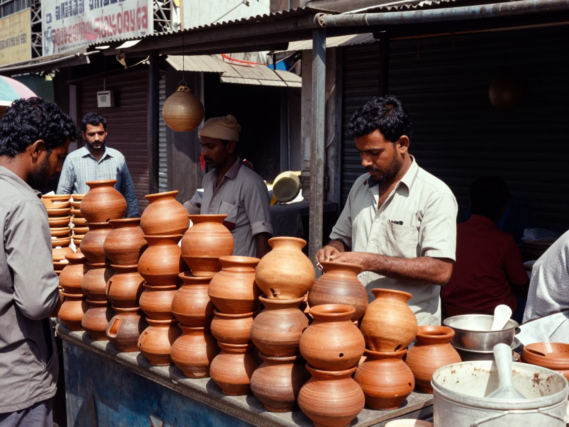 Busy Hyderabad Street Stall Midday Scene with Clay Pots and Utensil Crocks in in Hyderabad, India