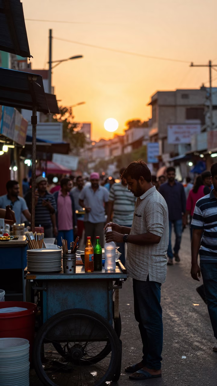 Busy Hyderabad Street Stall Sunset Scene with Bottle and Brush in in Hyderabad, India
