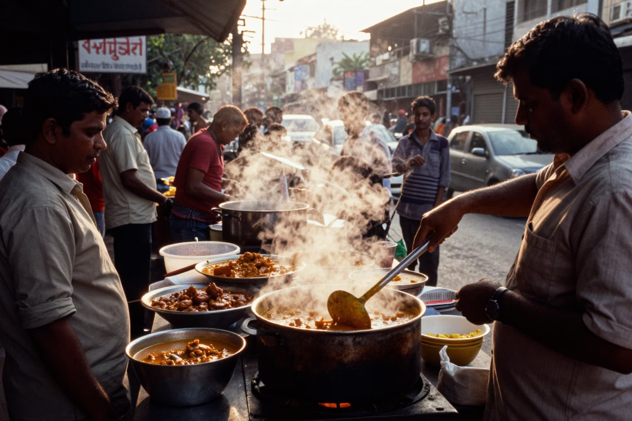 Busy Hyderabad Street Vendor Late Afternoon Food Scene in in Hyderabad, India
