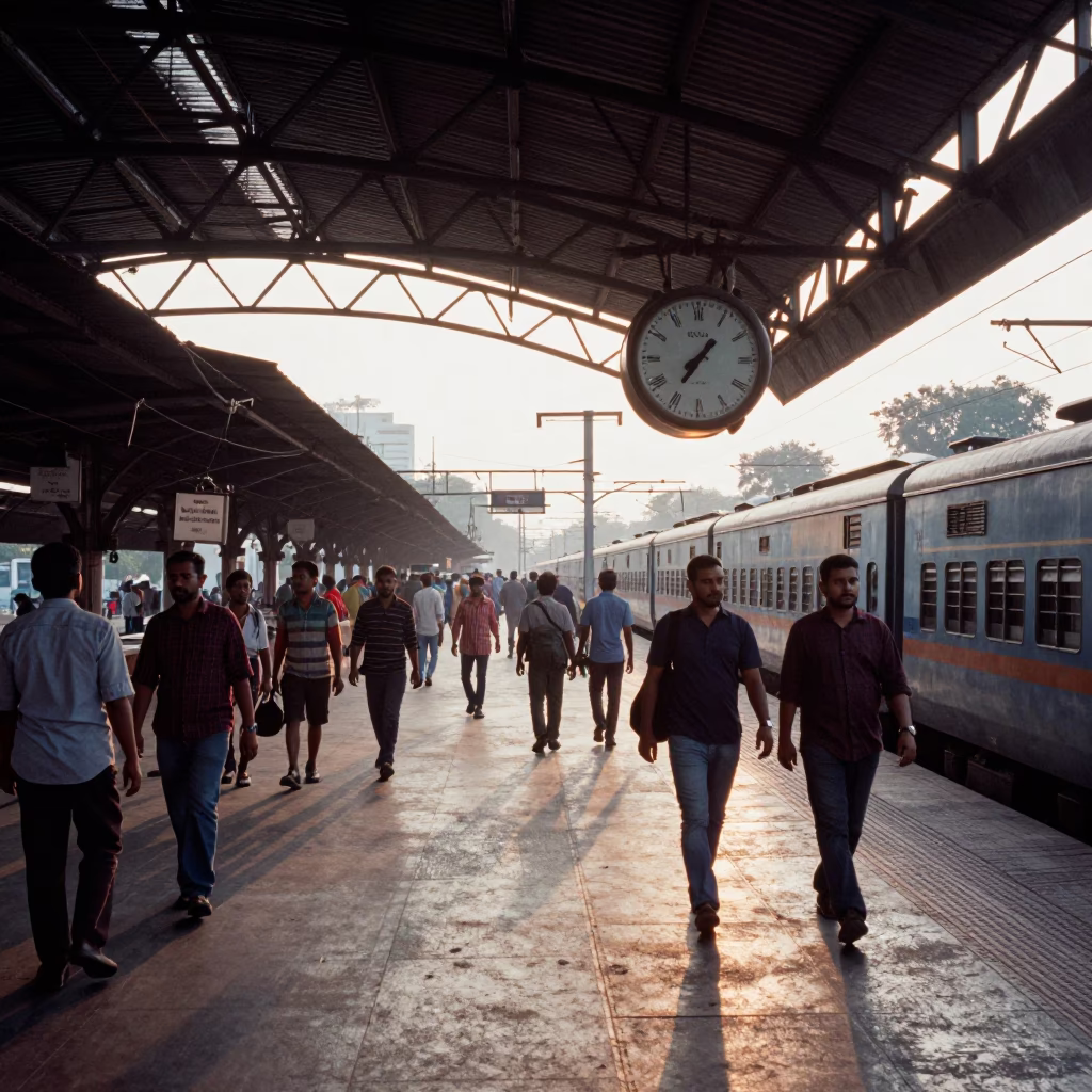 Busy Hyderabad Train Station Platform at Dawn with Vintage Clock and Travelers in in Hyderabad, India