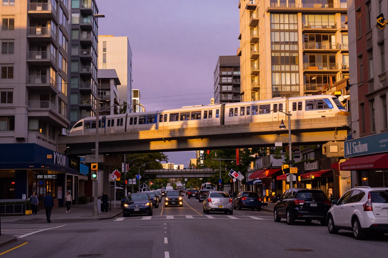 Busy Intersection in Vancouver at Golden Hour in in Vancouver, British Columbia, Canada