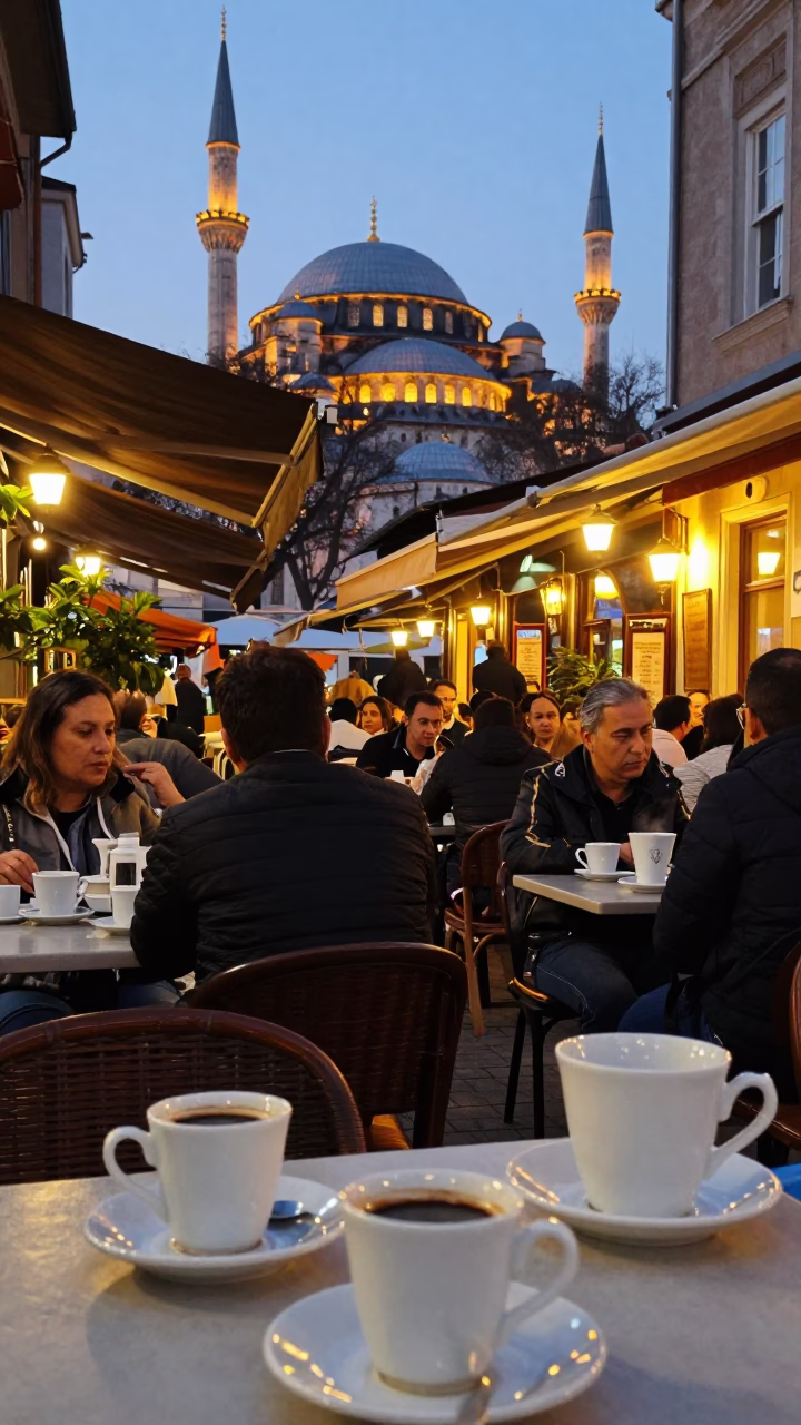 Busy Istanbul Cafe Terrace Evening with Coffee Mugs and Traditional Turkish Breakfast Spread in in Istanbul, Turkey