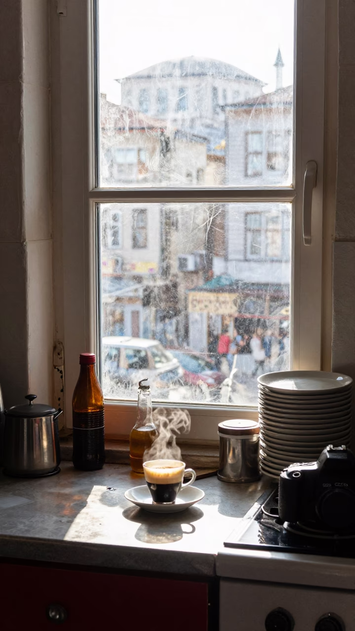 Busy Istanbul Kitchen Window Morning Light and Domestic Activity in in Istanbul, Turkey