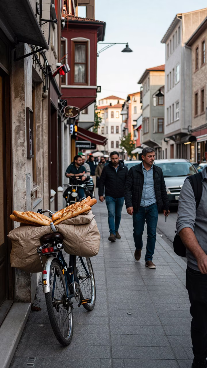 Busy Istanbul Late Morning Street Scene with Bicycle and Local Market Elements in in Istanbul, Turkey