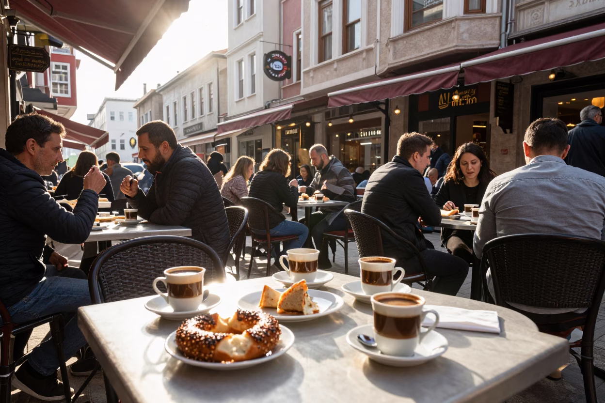 Busy Istanbul Street Breakfast Scene with Coffee Mugs and Local Morning Activity in in Istanbul, Turkey