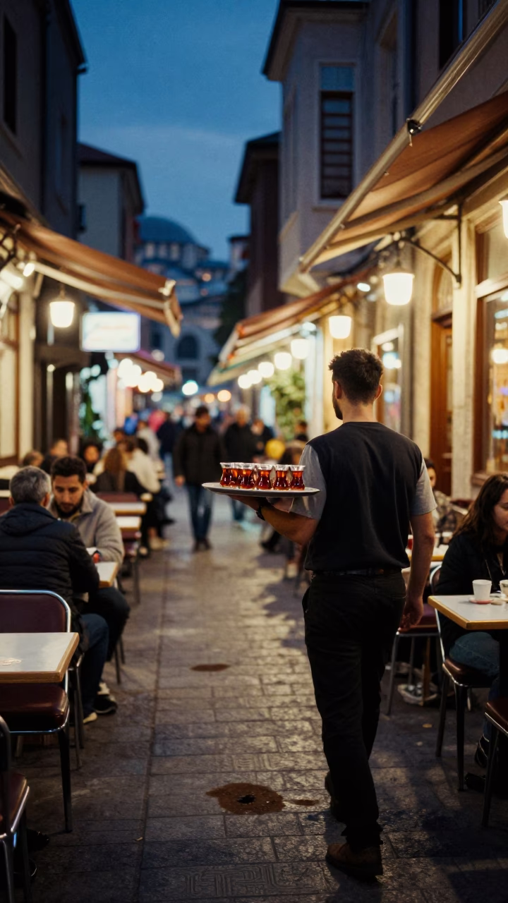 Busy Istanbul Street Cafe Scene at Blue Hour with Tea Stains and Paperbacks in in Istanbul, Turkey