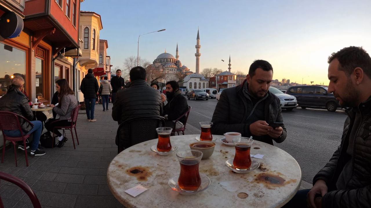 Busy Istanbul Street Corner Early Evening Tea Stains and Local Life in in Istanbul, Turkey