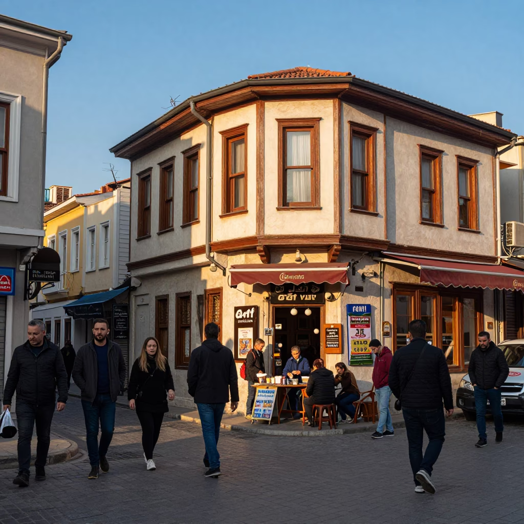Busy Istanbul Street Corner Late Afternoon Light with Traditional Food and Daily Life in in Istanbul, Turkey