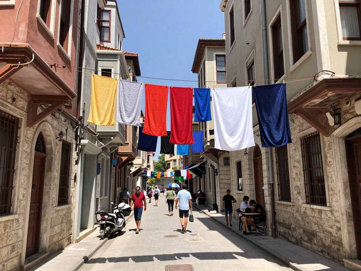Busy Istanbul Street Corner Noon Light with Hanging Laundry and Market Goods in in Istanbul, Turkey