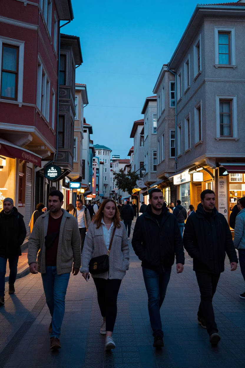 Busy Istanbul Street Scene at Blue Hour with Cardigans and Glass Facades in in Istanbul, Turkey