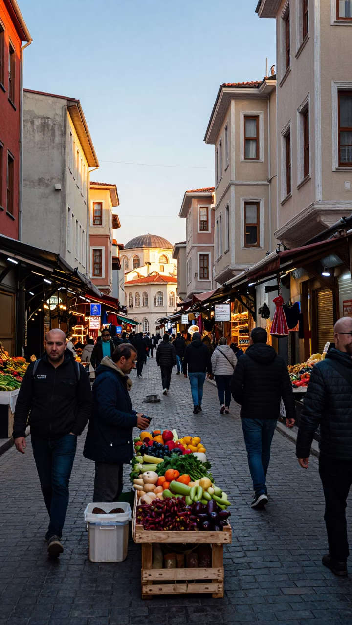Busy Istanbul Street Scene at Dawn with Pedestrians and Traditional Architecture in in Istanbul, Turkey