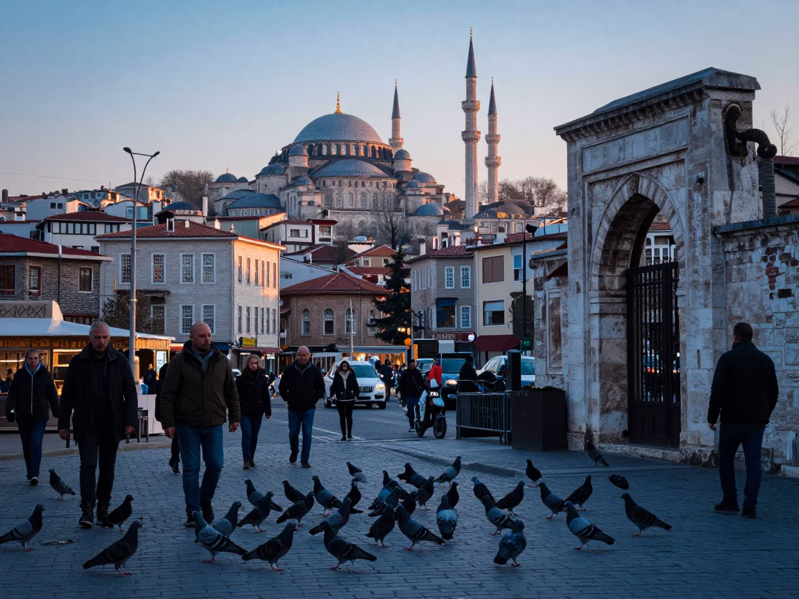 Busy Istanbul Street Scene at Dawn with Pigeons and Traditional Architecture in in Istanbul, Turkey
