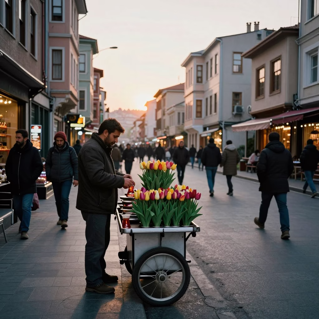 Busy Istanbul street scene at dawn with traditional tea glasses and bustling morning activity in in Istanbul, Turkey