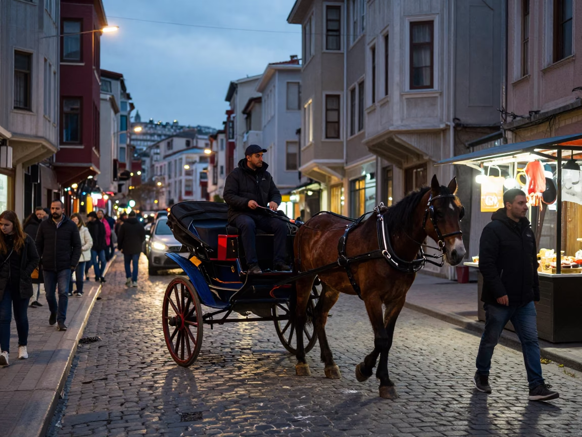 Busy Istanbul Street Scene at Dusk with Horse-Drawn Cart and Pomegranate Vendor in in Istanbul, Turkey